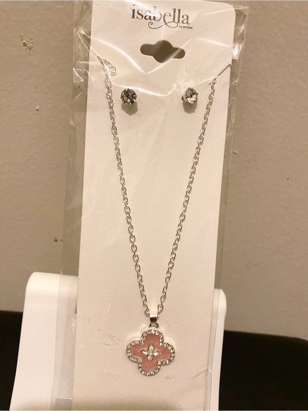 Isabella Pink Clover Pendant Necklace with Clear Crystal Accents